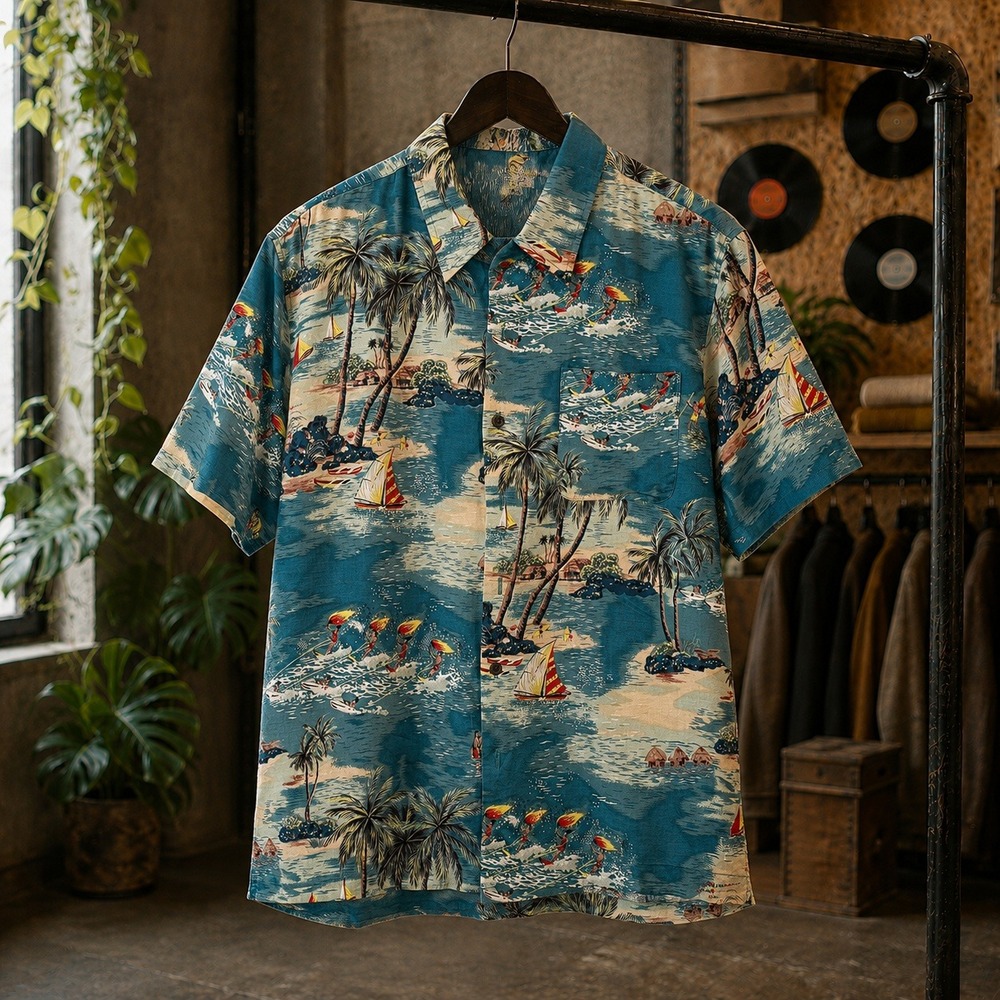 Utility Mens Blue Tropical Water Skiing Rayon Hawaiian Shirt Large